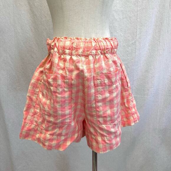 Lou & Grey Gingham pink/beige 100% Linen pull on high rise shorts size small - Picture 2 of 16